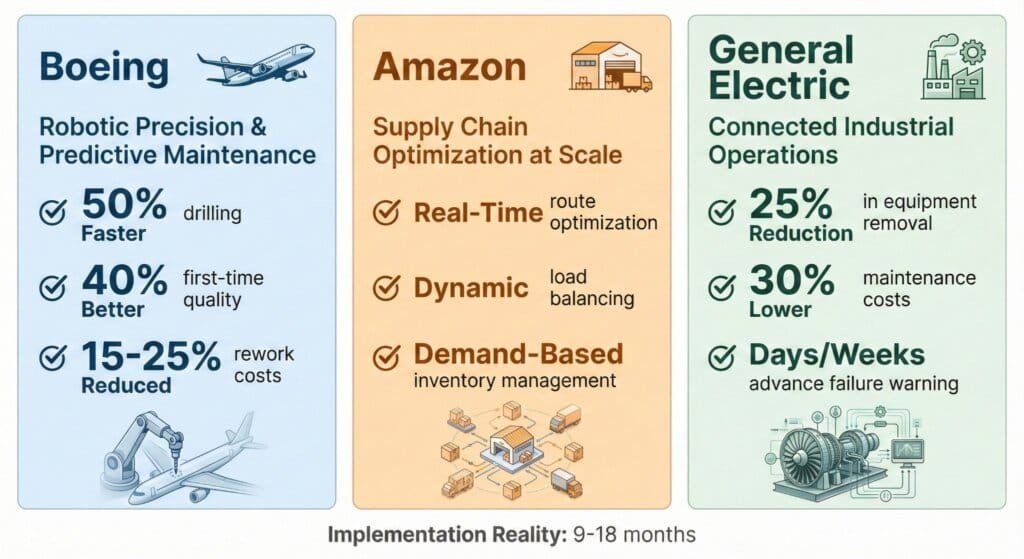 Comparison card showing AI bottleneck detection results from three major companies: Boeing achieved 50% faster drilling and 40% quality improvement, Amazon optimized delivery routes in real-time with dynamic load balancing, and General Electric reduced equipment failures by 25% and maintenance costs by 30% using predictive maintenance systems