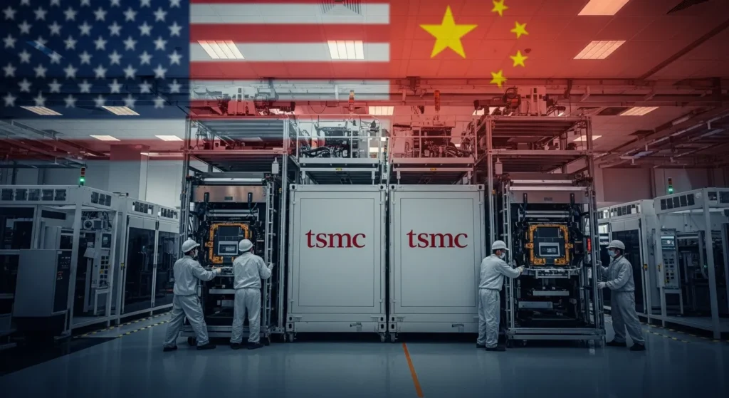 TSMC engineers work with U.S.-made chipmaking tools at the company’s Nanjing fab in China.