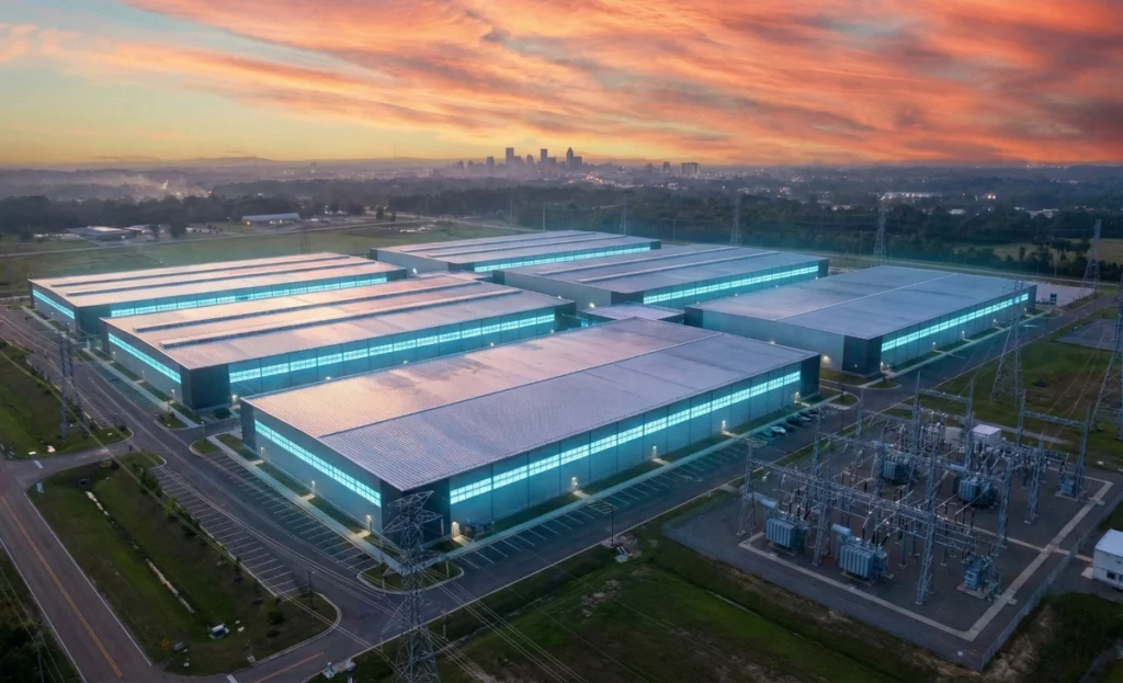 Rendering of Elon Musk’s xAI MACROHARDRR data center in Southaven, Mississippi at sunset