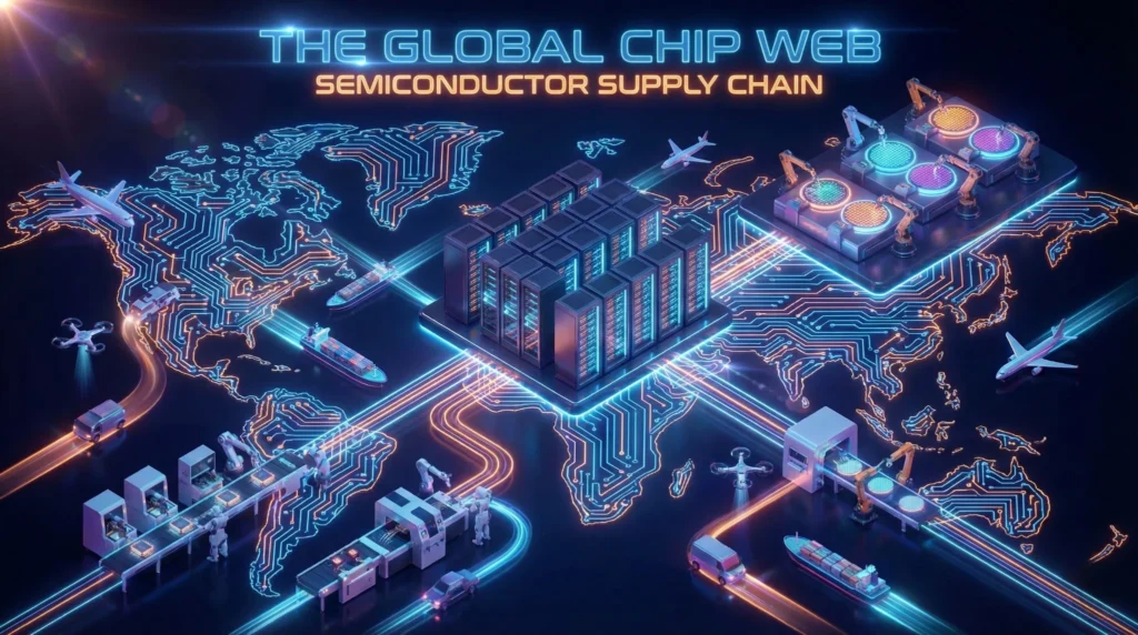 Illustration of global chip industry and AI data centers driving semiconductor sales to 1 trillion dollars.