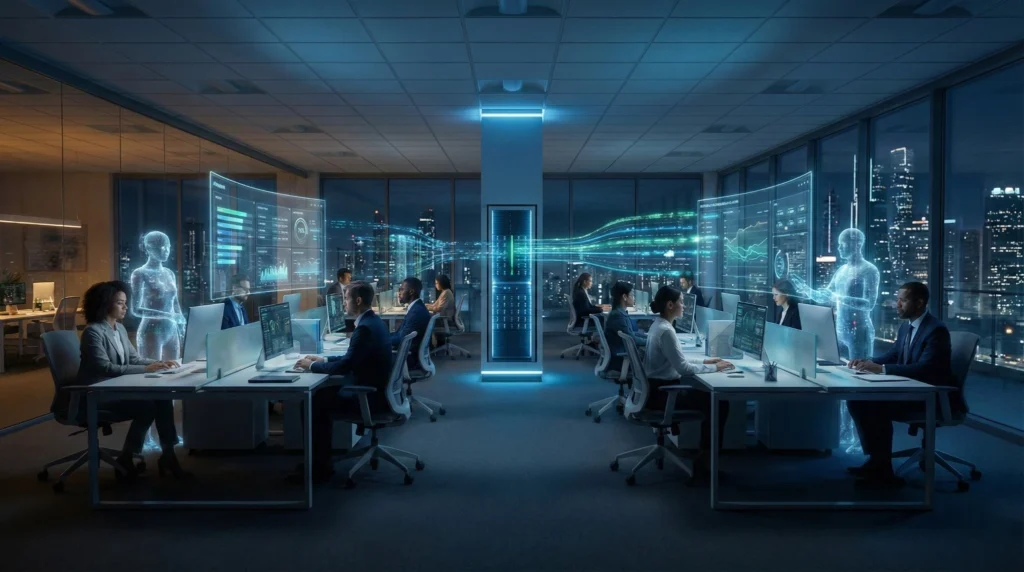 Business team collaborating with AI coworker agents on enterprise dashboards powered by OpenAI Frontier.