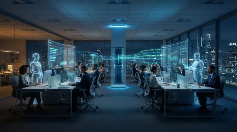 Business team collaborating with AI coworker agents on enterprise dashboards powered by OpenAI Frontier.