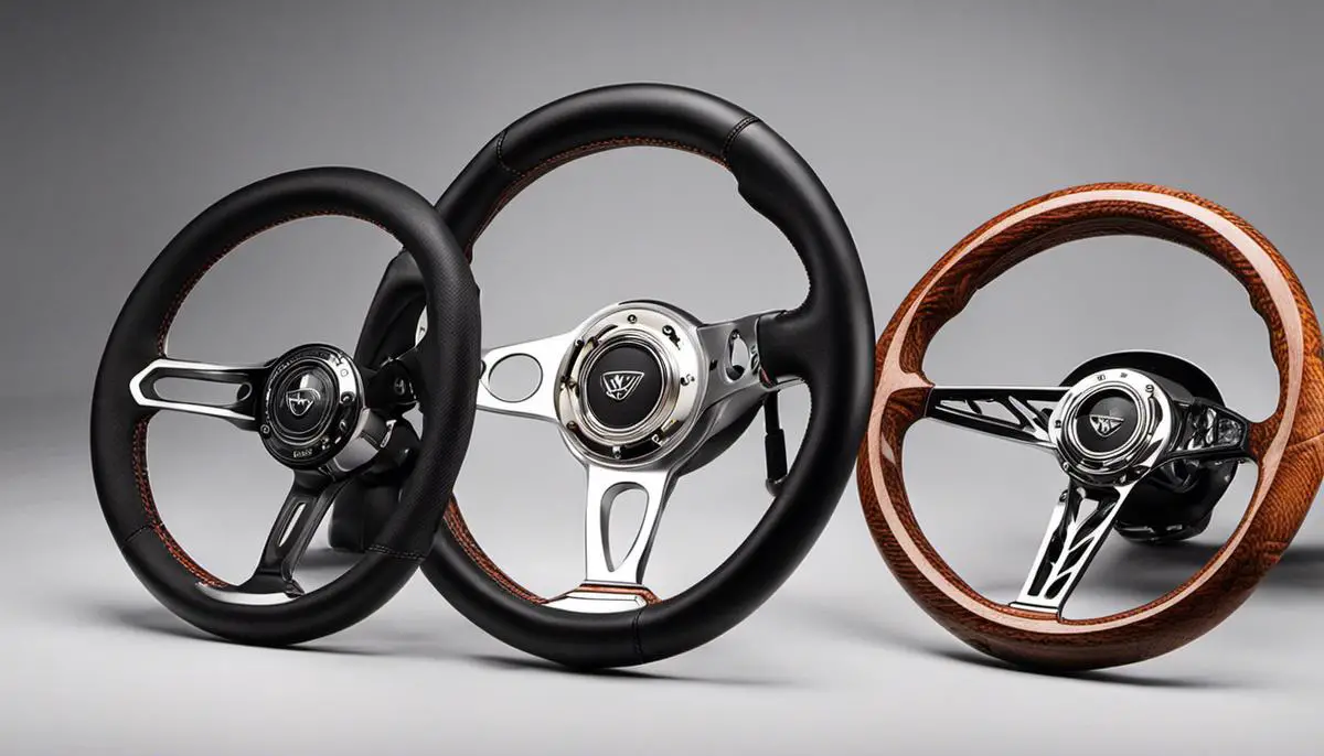 An image of various modified steering wheels showcasing different materials and styles.